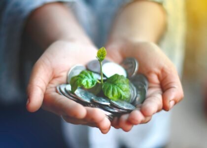 Hands holding coins with a growing plant symbolizing crypto staking rewards